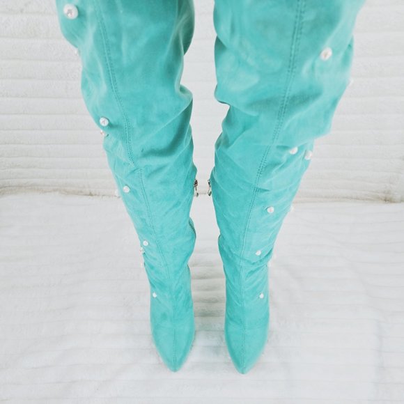 Mint Green Faux Stretch Suede Platform High Heel Thigh High Boots - Picture 12 of 16